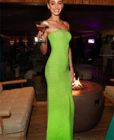 Knitted Striped Strapless Maxi Dress